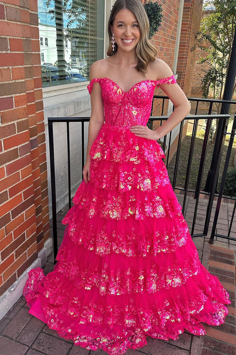 Vestido de graduación de princesa con hombros descubiertos, lentejuelas y encaje