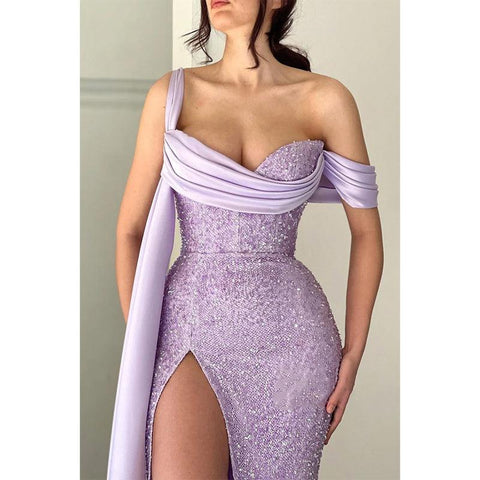 Sheath One Shoulder High Split Long Prom Formal Dress