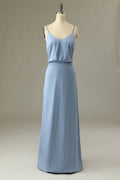 Vestido largo de dama de honor gris y azul con tirantes finos
