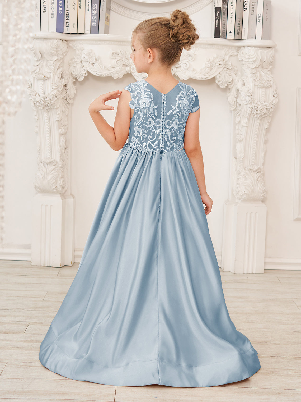 Vestido de niña de las flores de corte A, de satén y encaje, hasta el suelo 