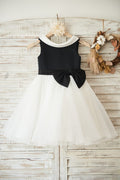 Vestido negro de tul satinado hasta la rodilla para niña de las flores 