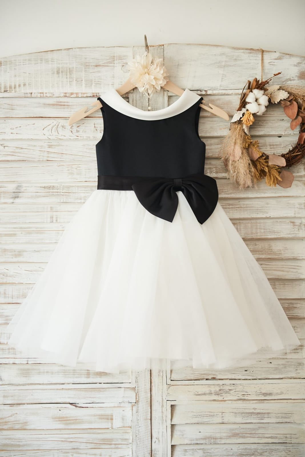 Vestido negro de tul satinado hasta la rodilla para niña de las flores 