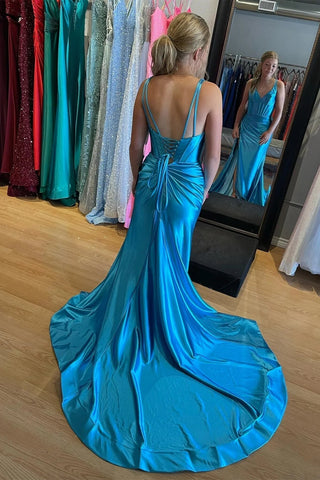 Grape Mermaid Satin V Neck Long Prom Dress with Slit