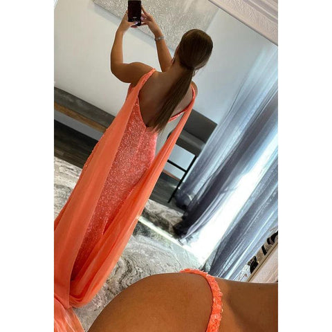 Vestido formal de noche con escote en V, lentejuelas, abertura, sin mangas y corte tubo/columna