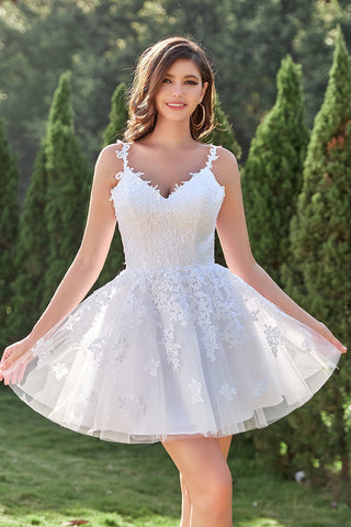 Vestido corto blanco de corte A para baile de bienvenida con espalda cruzada