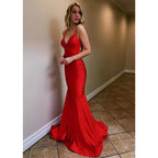 Vestido de fiesta rojo con escote en V y tirantes finos, estilo sirena, sexy, para noche formal. 