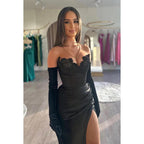Vestido de noche largo de satén fruncido con lentejuelas y escote corazón sin tirantes para fiesta de graduación