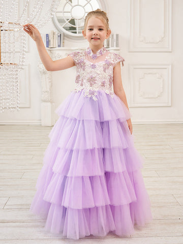 Vestido de princesa de tul lila con apliques florales y pedrería para niñas 