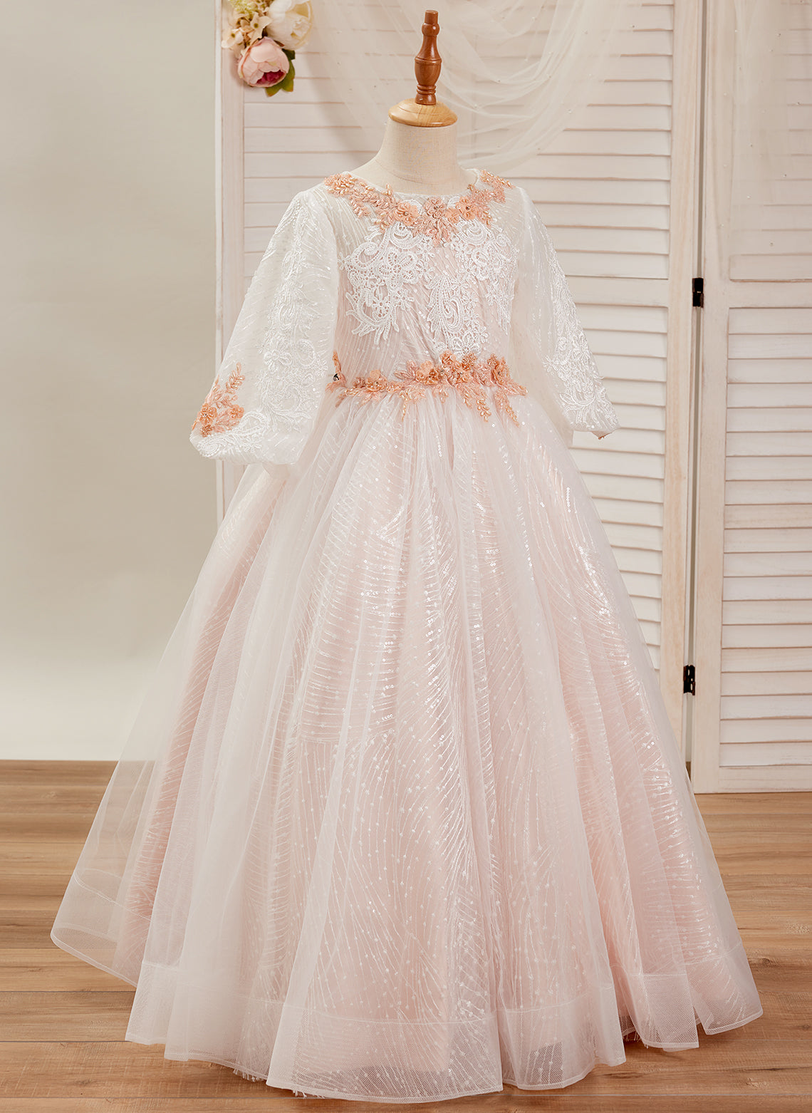Vestido de baile/princesa de encaje y tul rosa hasta el suelo (2003227890) 