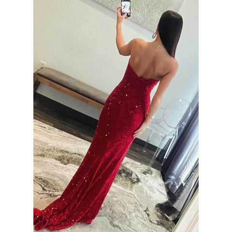 Vestido de noche para fiesta de graduación, escote corazón, sin tirantes, con apliques de cuentas y abertura lateral 