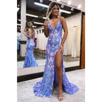 Vestido de fiesta de sirena con escote en V pronunciado y apliques de lentejuelas y abertura