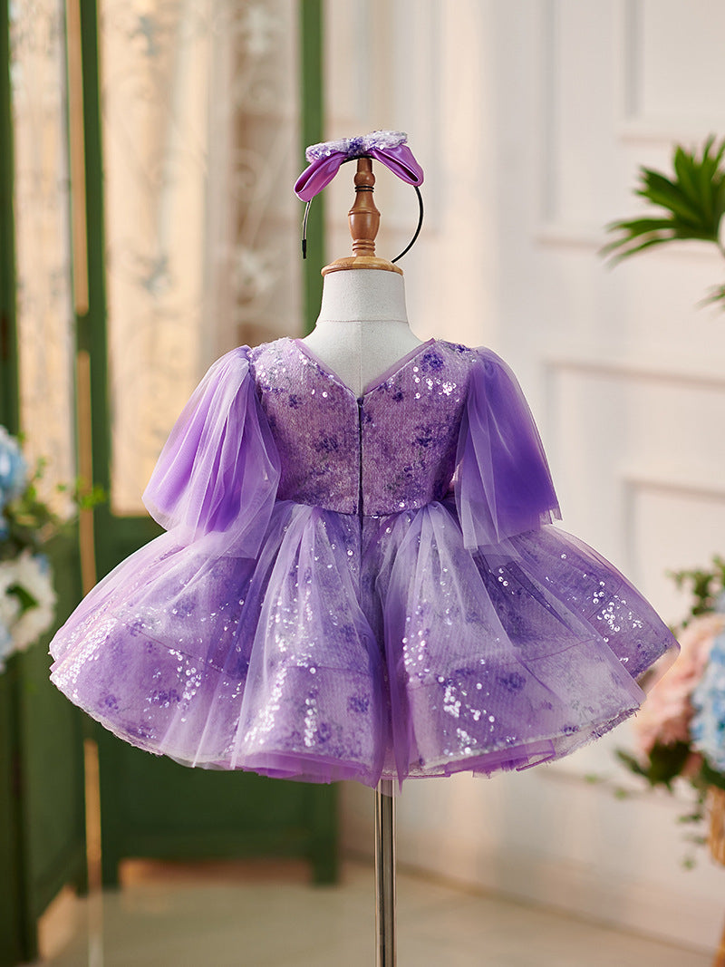 Vestido de tul con lentejuelas moradas hasta la rodilla para bebé niña 
