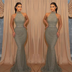 Robe de soirée sirène longue sans manches à col halter