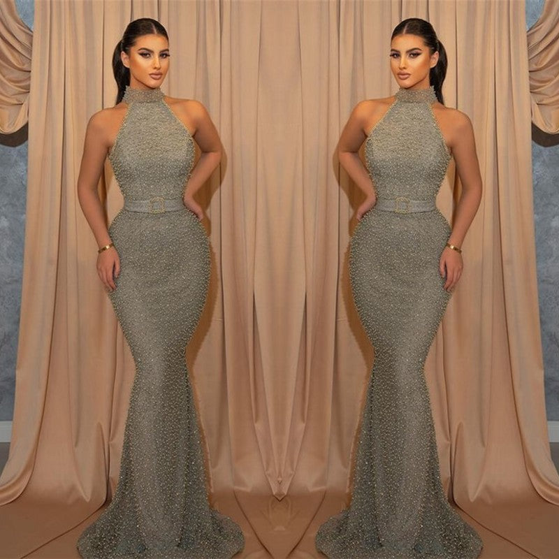 Robe de soirée sirène longue sans manches à col halter