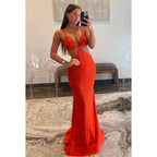 Vestido de fiesta de noche con tirantes finos, cuello en V, sexy y brillante, estilo trompeta