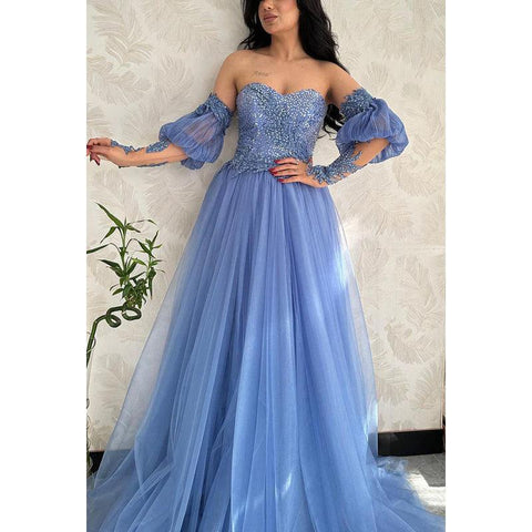 Vestido de noche de tul con lentejuelas, escote corazón, corte A y mangas desmontables