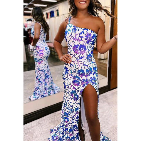 Robe de bal longue sirène scintillante à une épaule et paillettes