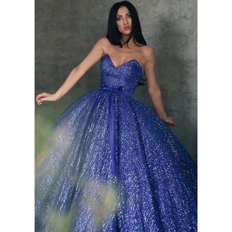 Vestido de fiesta largo azul real con escote en V y bolsillos 