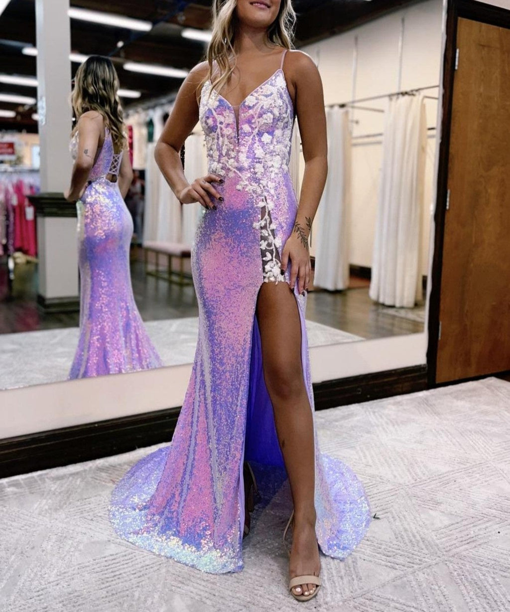 Robe de bal longue sirène à paillettes lavande et fleurs avec fente