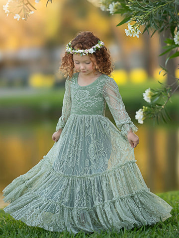 Vestido bohemio de niña de las flores verde salvia con encaje hasta el tobillo 