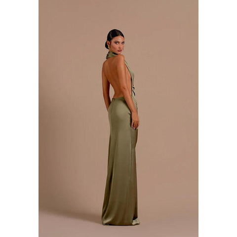 Robe de soirée longue fourreau sexy en satin dos nu avec fente latérale