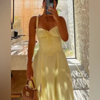 Ravissante robe de bal longue jaune, coupe trapèze, en satin, robe de soirée Y7578