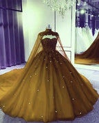 Vestido de baile de tul y encaje con escote corazón y capa, estilo princesa Y742