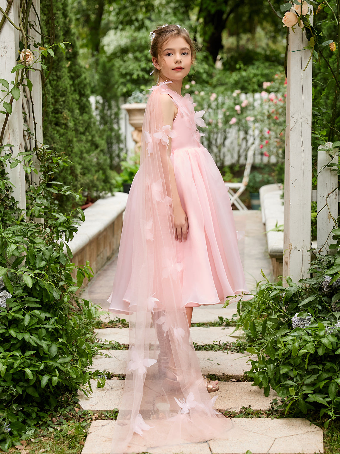 Vestido rosa de organza de corte A hasta la rodilla (010220821) 