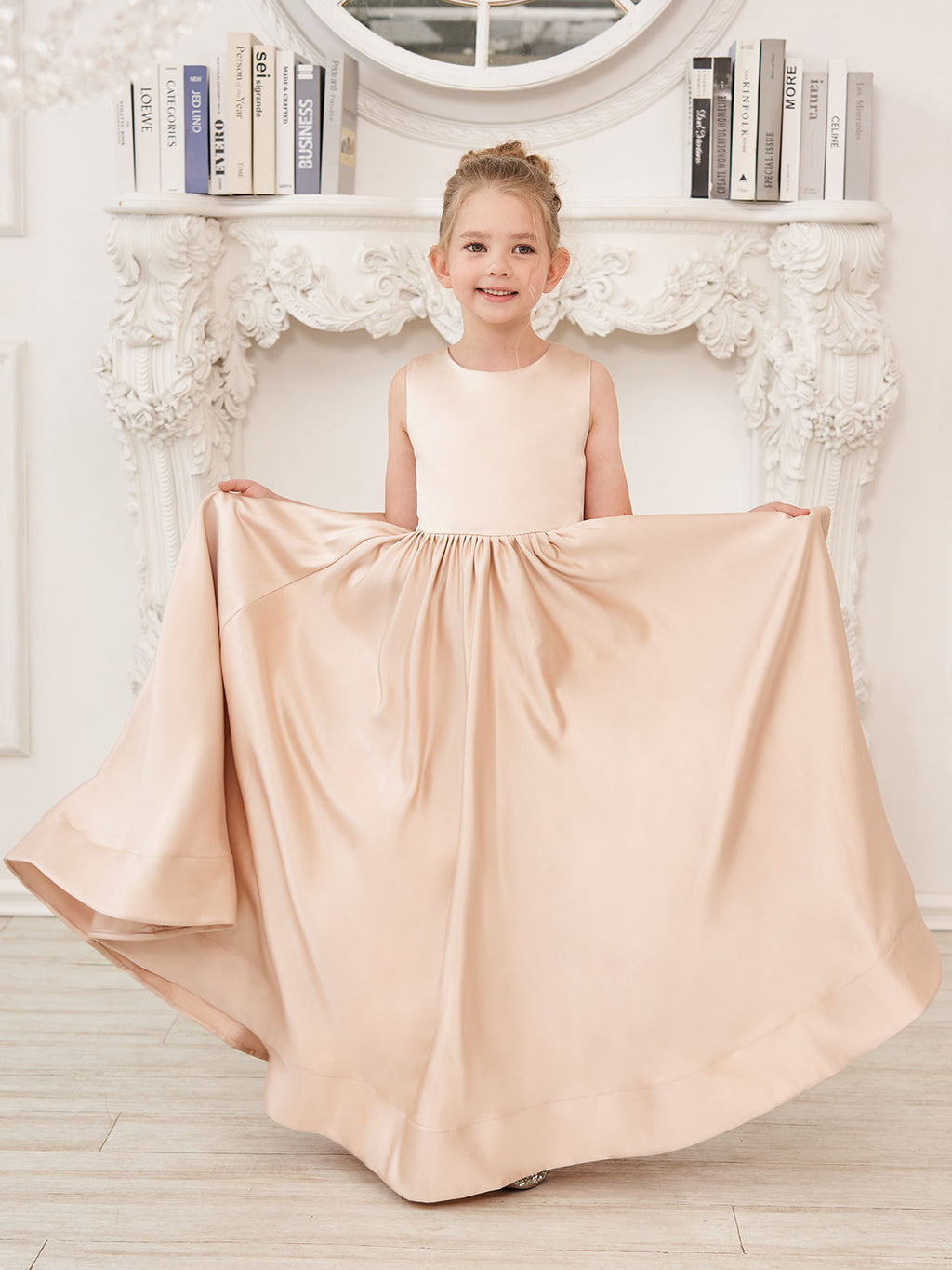 Vestido de niña de las flores de corte A, de satén y encaje, hasta el suelo 
