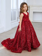 Deslumbrante vestido de princesa rojo con lentejuelas, escote en V y cola para niñas 