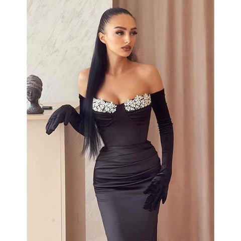 Sheath/column Sweetheart Beads Black Long Formal Evening Dress