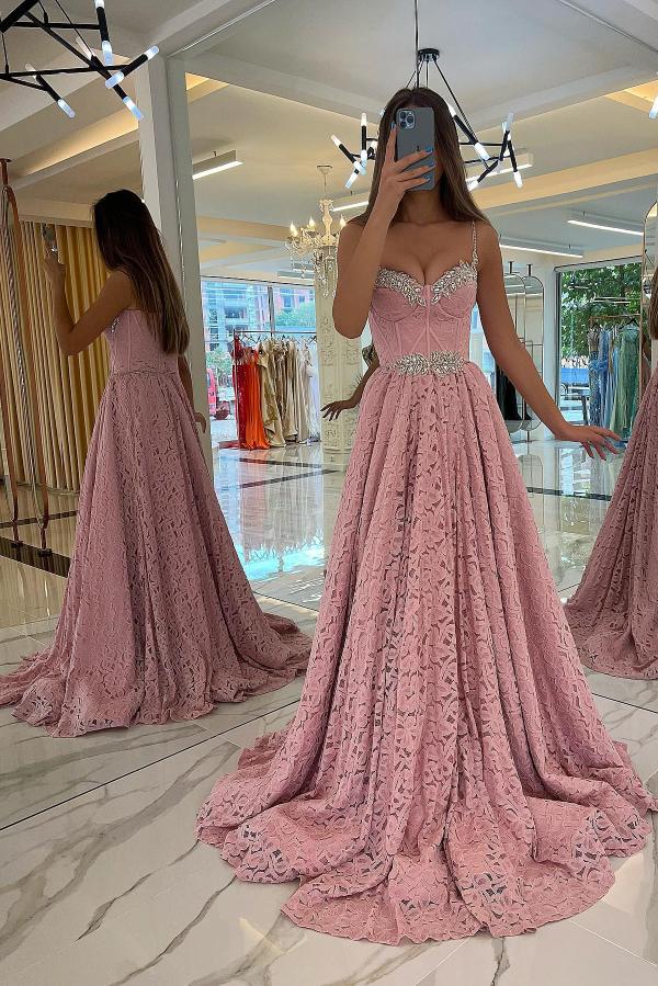 Vestido de graduación de encaje corte A sin mangas con cuentas
