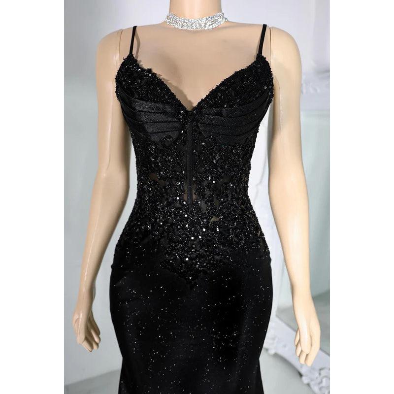 Vestido de fiesta de noche con lentejuelas y escote en V, estilo sirena, glamuroso y dramático, con tirantes finos