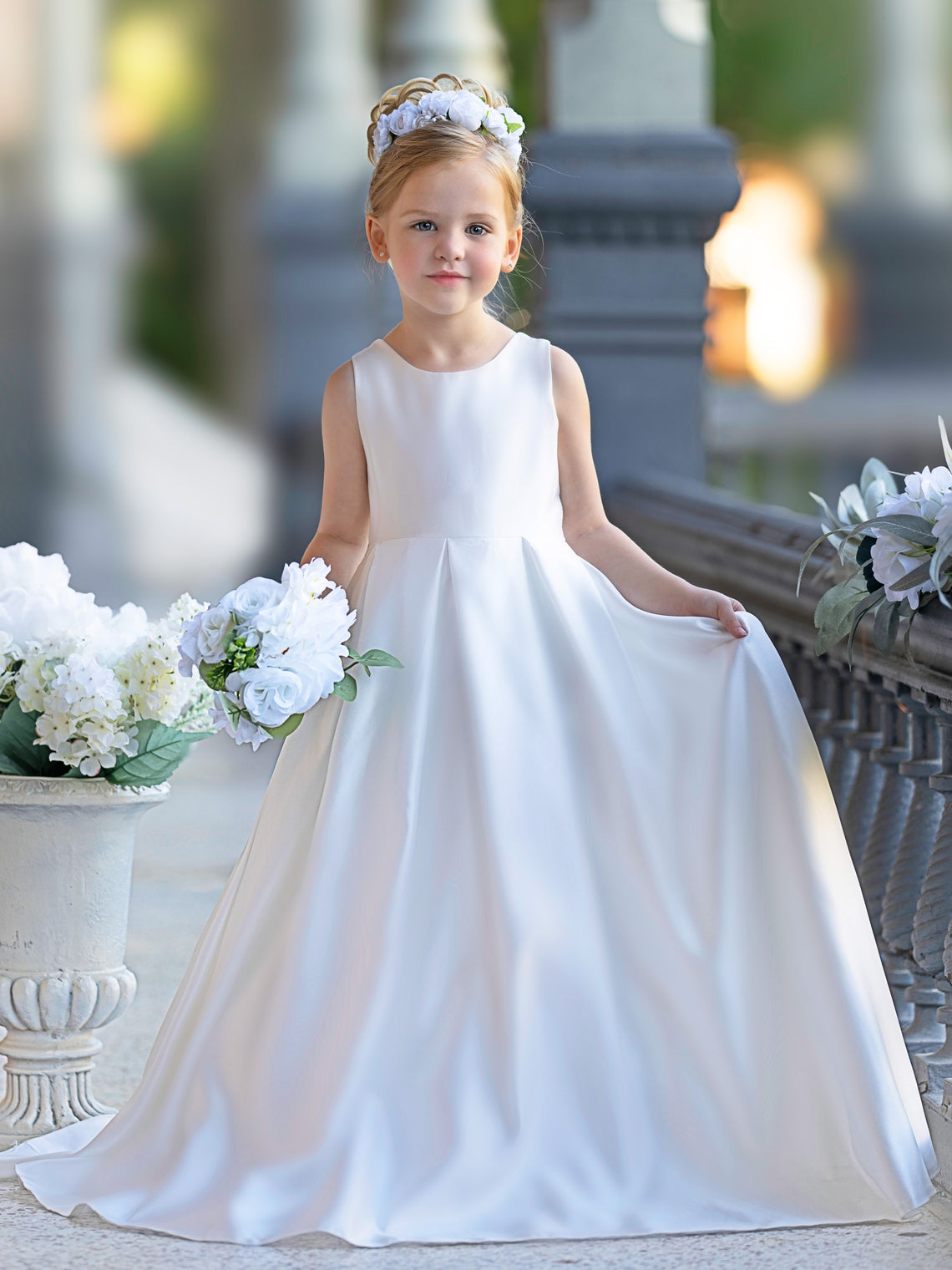 Vestido de niña de las flores para la Primera Comunión, corte en A, encaje y satén, hasta el suelo 