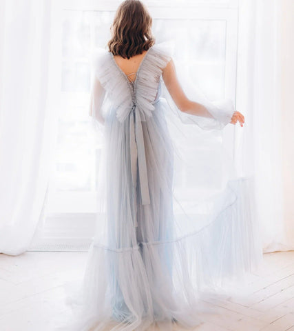 Vestido de tul azul claro para baby shower para mamá