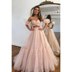 Vestido largo de fiesta de bienvenida con escote en forma de A, de tul fruncido y sin tirantes