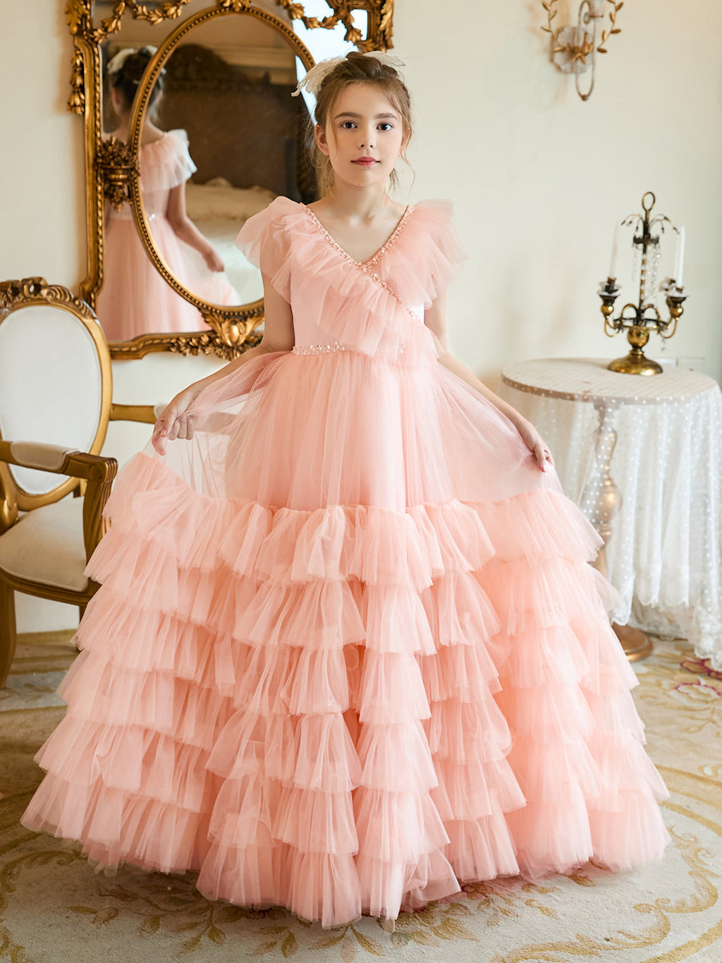 Vestido rosa perla de corte A con cola de tul (2003225563) 