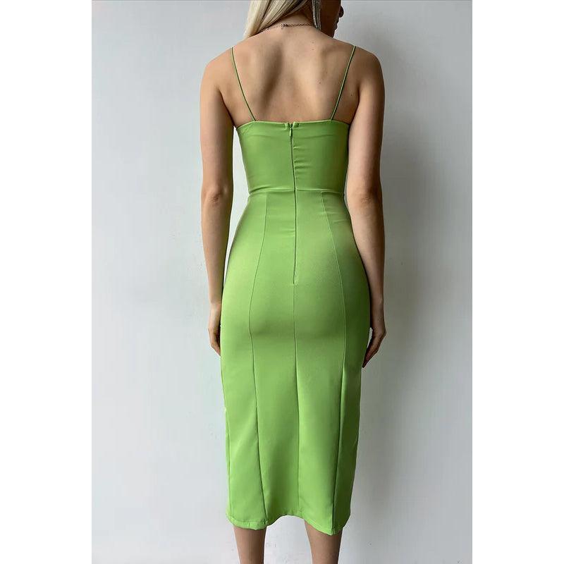 Vestido de noche de satén hasta la rodilla con tirantes finos y corte tubo/columna 