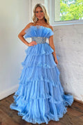 Robe de bal longue bleue tendance, sans bretelles, coupe trapèze, ornée de perles