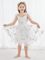 Vestido de niña pequeña de las flores, corte en A, sin mangas, de tul bordado floral. 