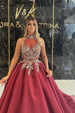Robe de soirée bordeaux à manches longues, robe de bal en tulle ornée d'appliques
