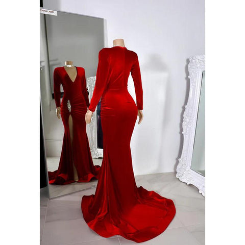 Trumpet/Mermaid V-neck Long Sleeves Side Slit Evening Prom Dress With Rhinestones