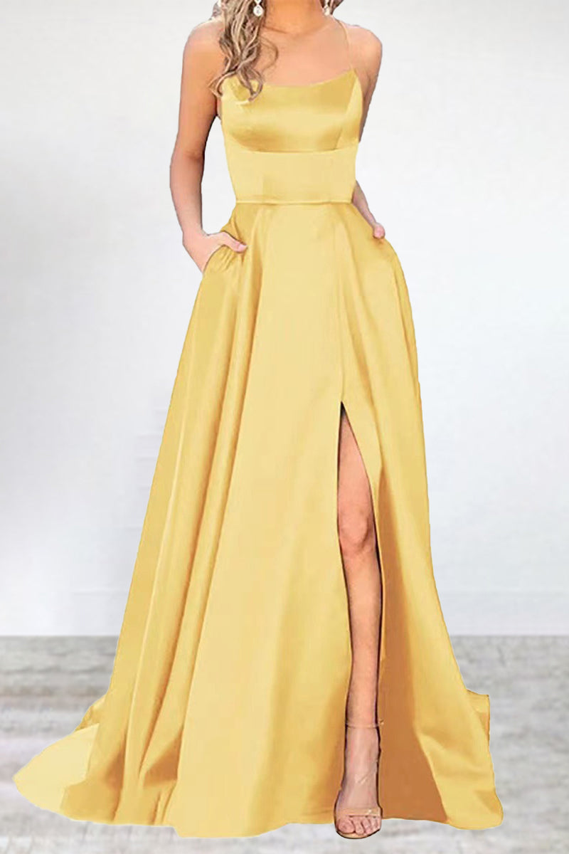Vestidos de noche sexys, formales, de color liso, con escote en U y abertura alta. 