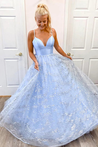 A Line Spaghetti Straps Light Blue Long Prom Dress with Beading