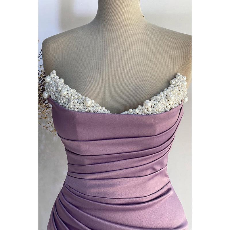 Vestido de noche para fiesta de graduación, escote en V, sin tirantes, con pliegues de cuentas y abertura lateral 