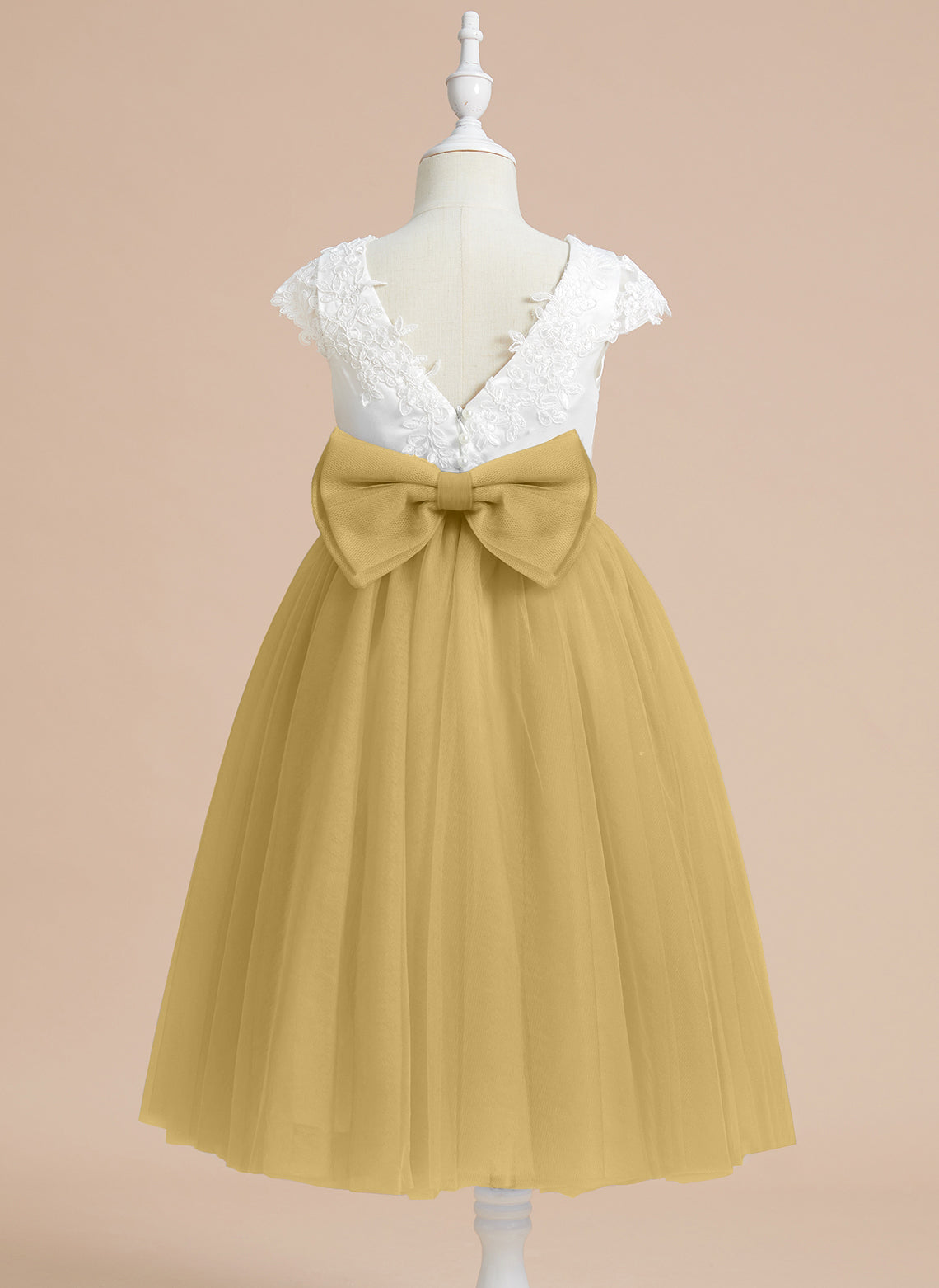 Vestido de niña de las flores para la Primera Comunión, corte en A, satén y tul, hasta la rodilla. 