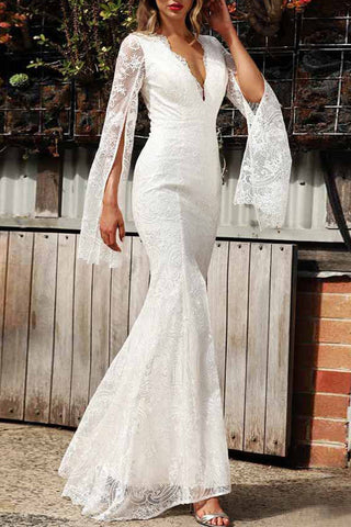 Vestidos de noche sexys formales de encaje sólido con cremallera y escote en V 