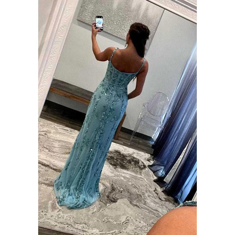 Robe de bal longue fourreau à bretelles spaghetti et paillettes appliquées avec fente