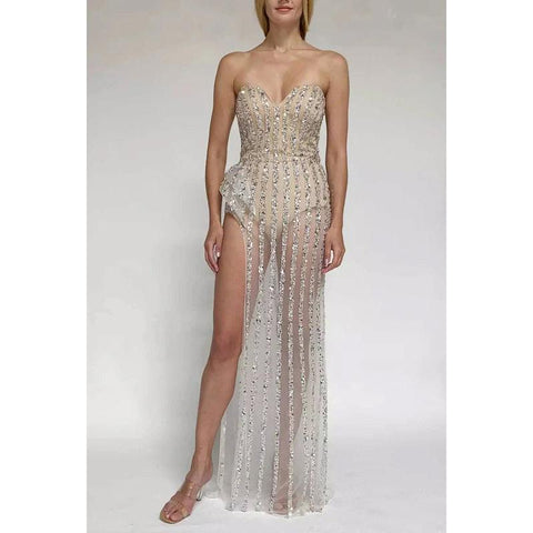 Vestido de noche largo de fiesta con escote corazón, sin tirantes, con lentejuelas y cuentas de tul transparente