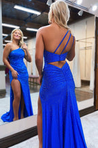 Sheath One Shoulder Fuchsia Long Prom Dress with Beading